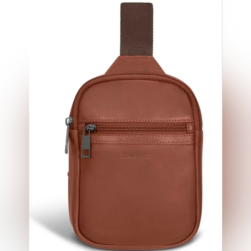 Champs Crossbody Full Grain Leather Bag Brown 2 Zippered Pockets With Dust Bag